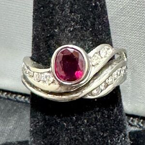 14K white gold diamond/rubellite ring.